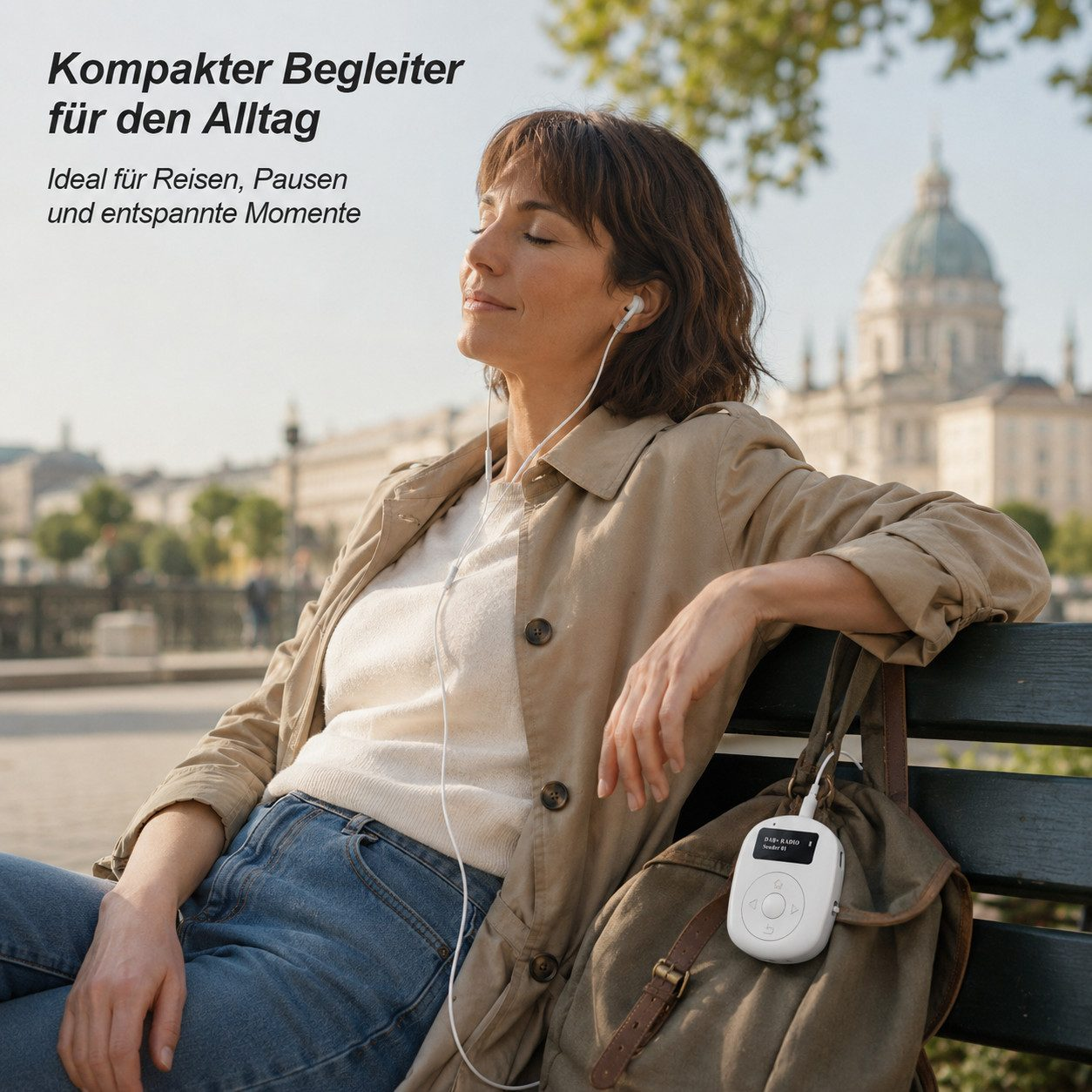 Eine Frau sitzt entspannt auf einer Parkbank, hört Musik mit Kopfhörern und einem weißen Radio, mit Stadtblick im Hintergrund.