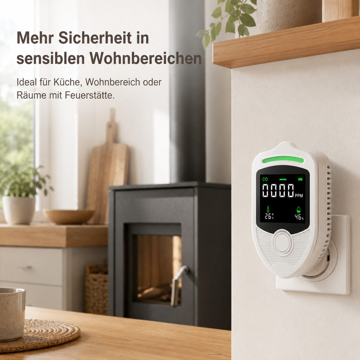 Ein weißer CO-Melder eingesteckt in eine Steckdose in einem gemütlichen Wohnzimmer.