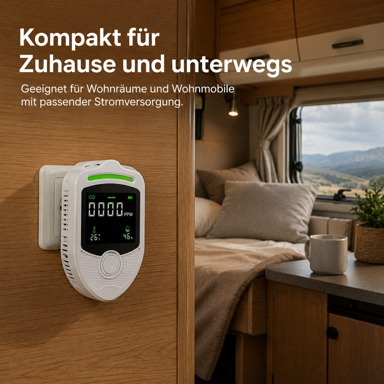Ein weißer CO-Melder in einer Steckdose in einem Wohnmobil.