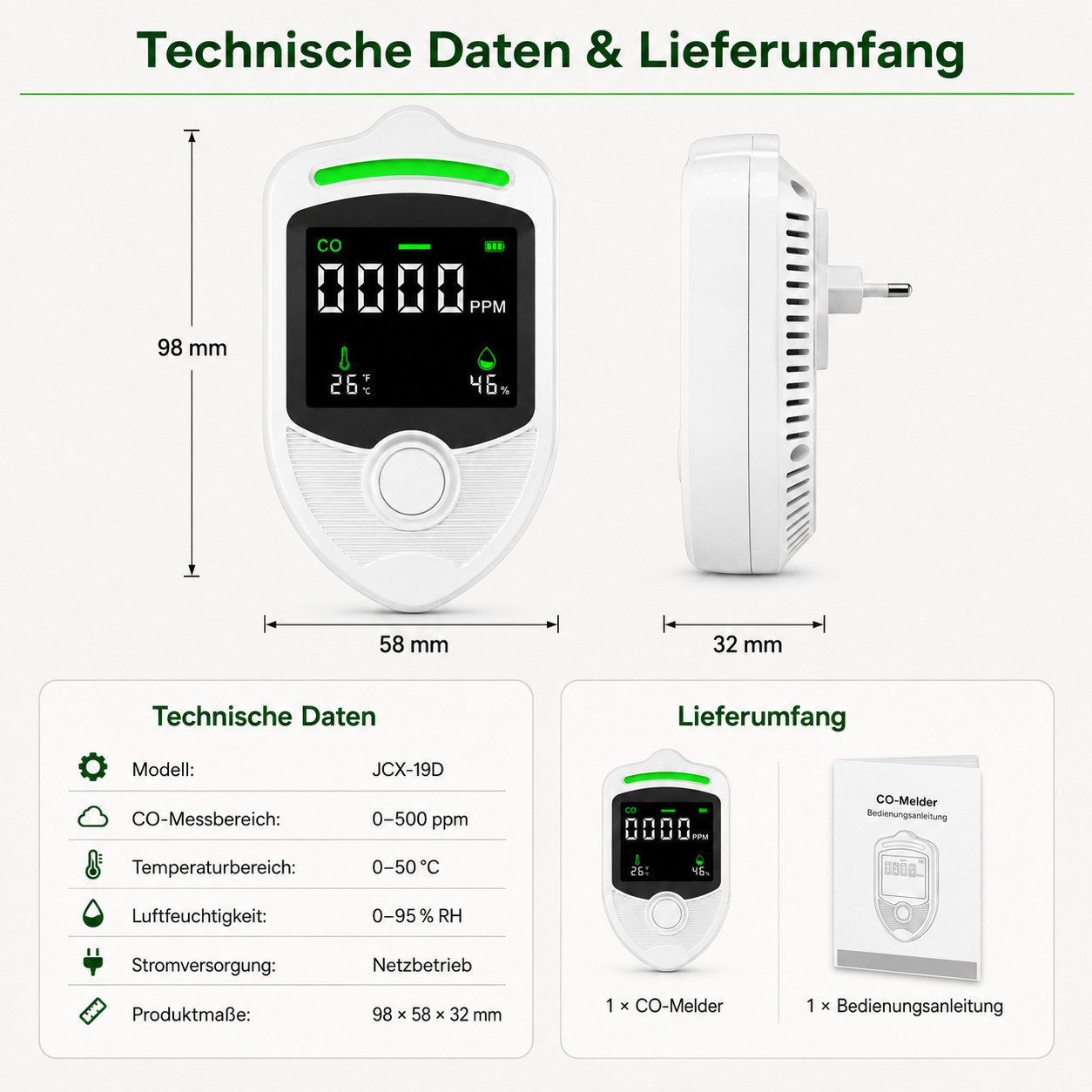 Technische Daten und Lieferumfang eines CO-Melders mit Maßen, Display und Bedienungsanleitung.