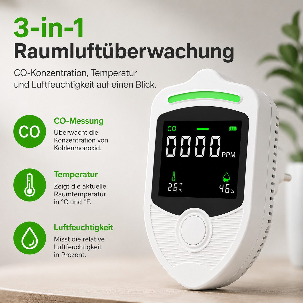 Ein weißes 3-in-1-Luftgüteüberwachungsgerät mit digitalem Display auf einem hölzernen Tisch.
