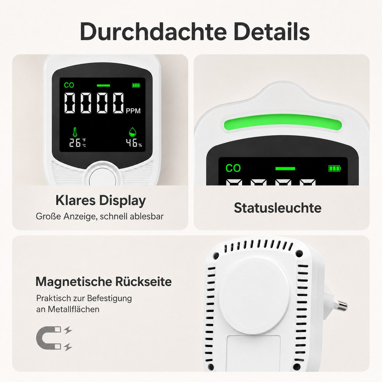 Infografik zeigt Klarglas, grüne Statusleuchte und Magnethülle eines weißen CO-Melders.