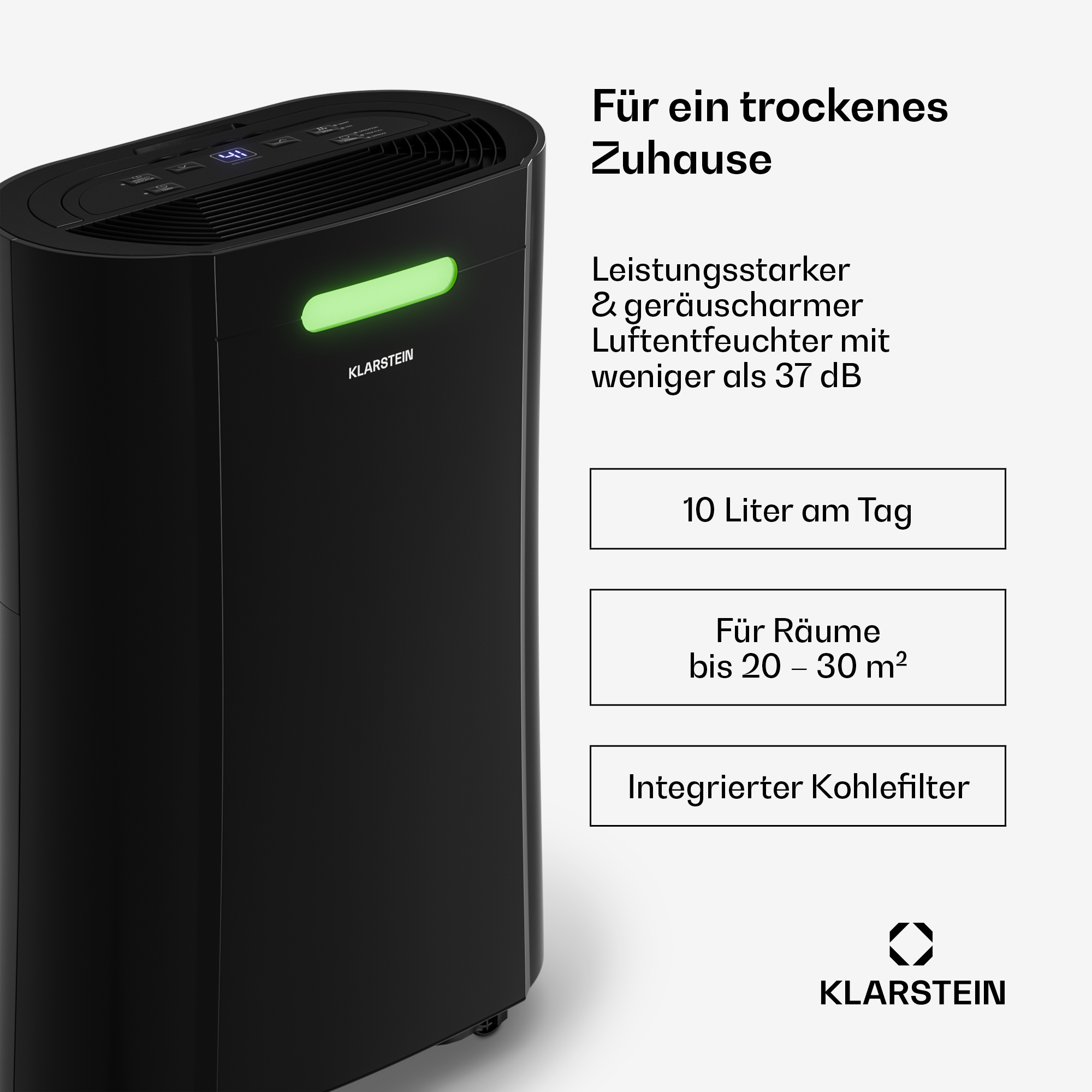 Deumidificatore nero Klarstein con indicatore LED verde e testo promozionale in tedesco.