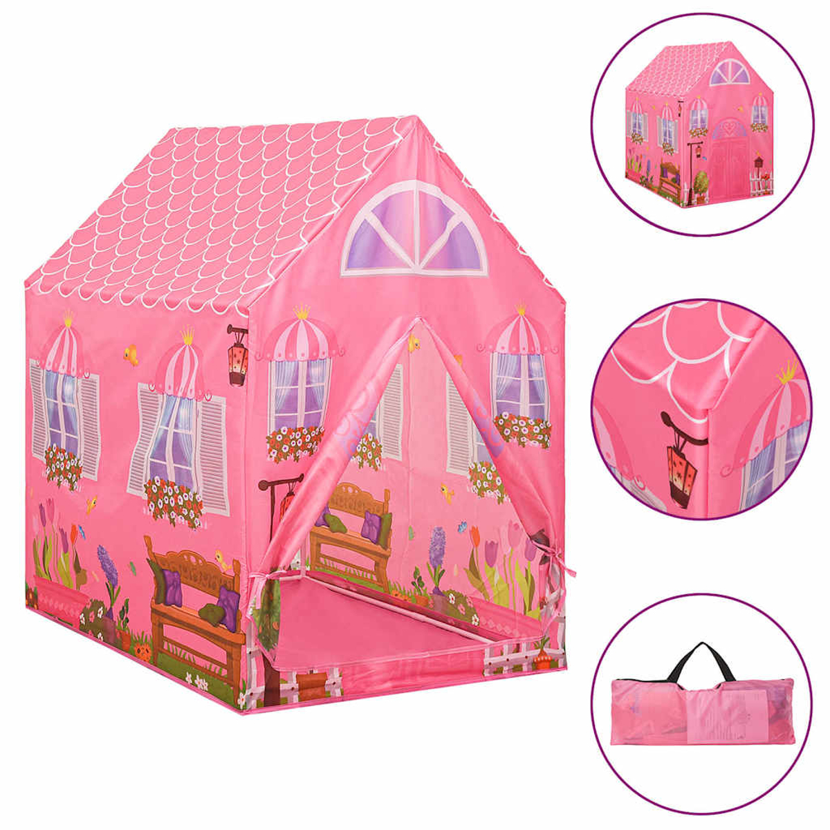Una grande tenda da gioco rosa per bambini con finestre, motivi floreali e una borsa.