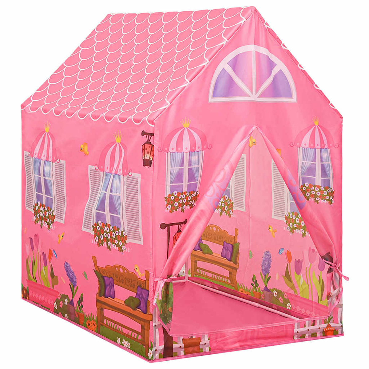 Una tenda da gioco rosa per bambini con finestre, fiori e panchine stampati.