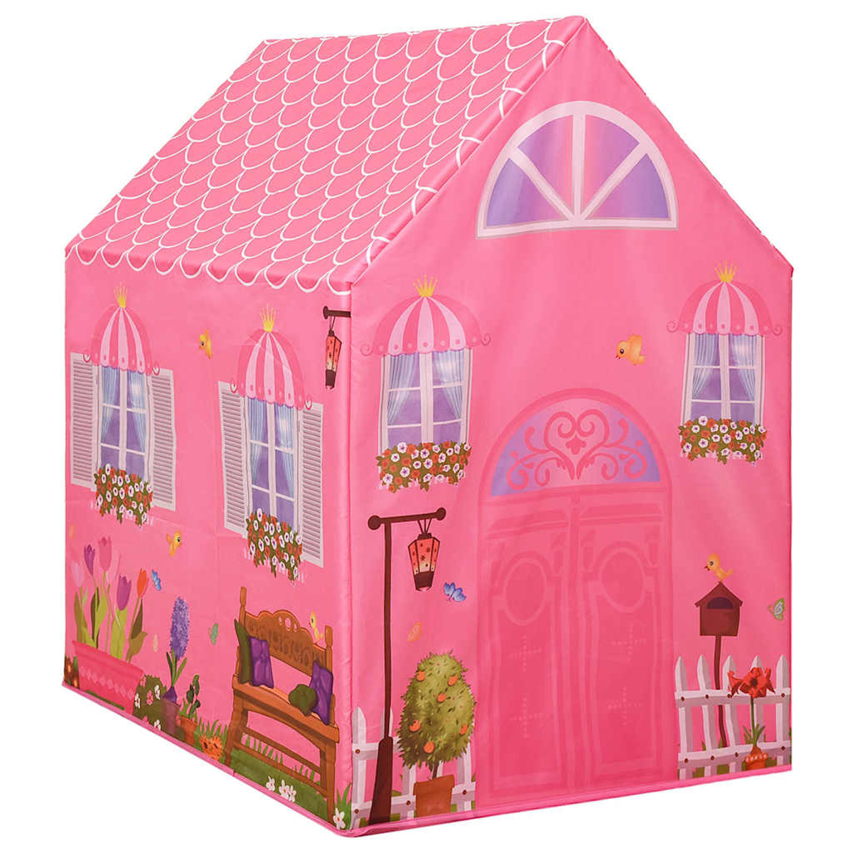 Una tenda da gioco rosa in stile castello con finestre, una porta, un tetto e decorazioni floreali.
