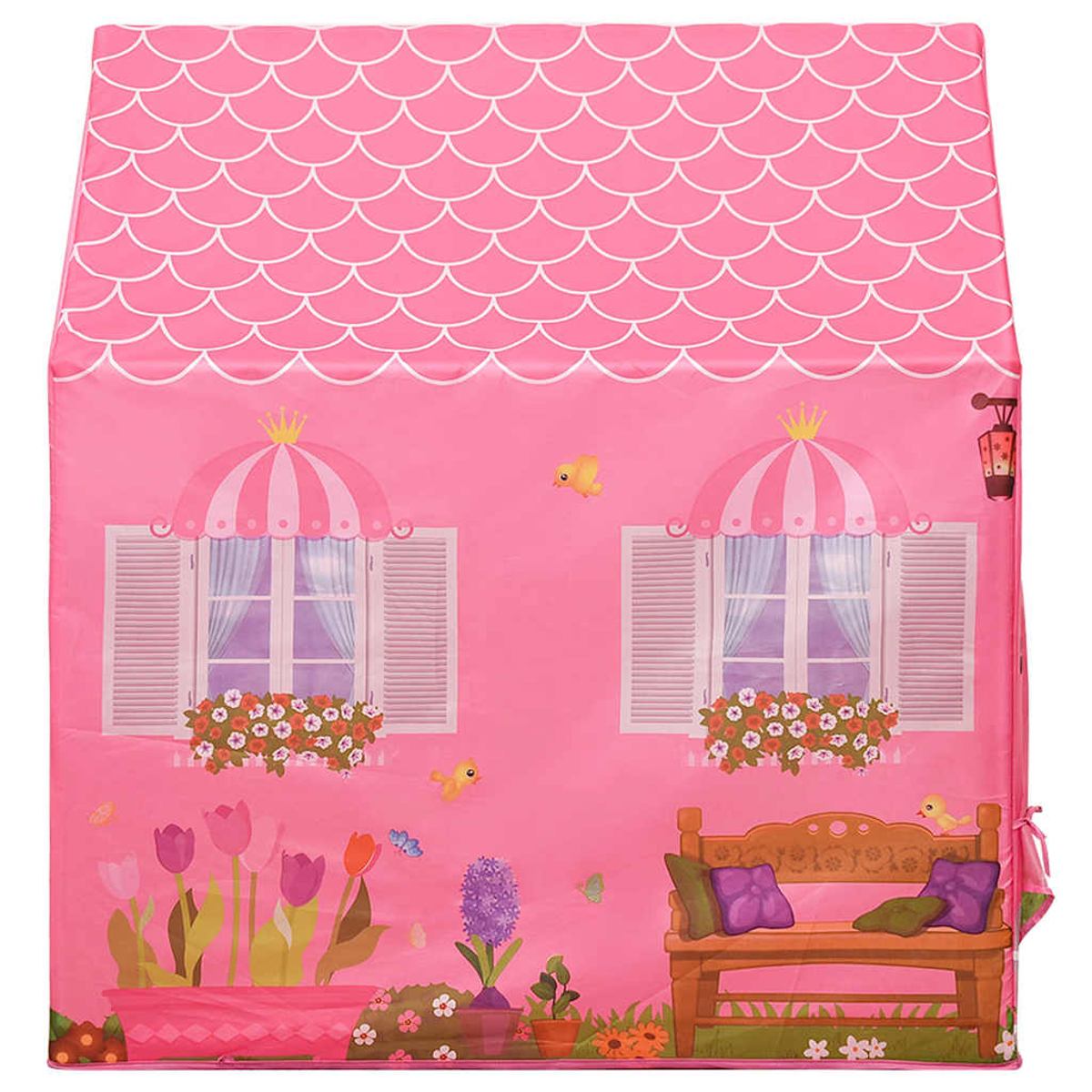 Una tenda da gioco rosa con finestre, fioriere, una panchina e un tetto a scaglie.