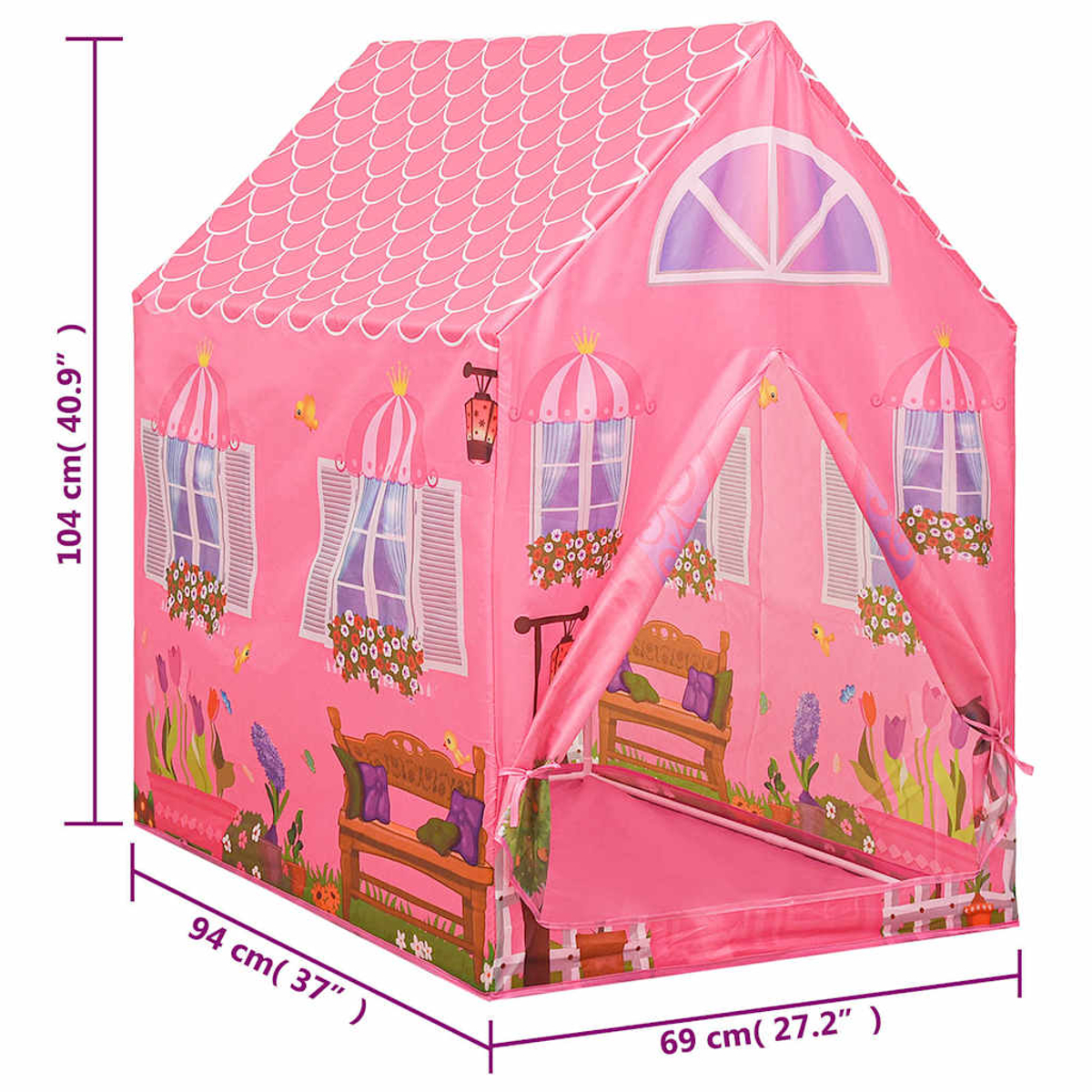 Una tenda da gioco rosa per bambini con finestre, fiori e panche stampati, che mostra le dimensioni.