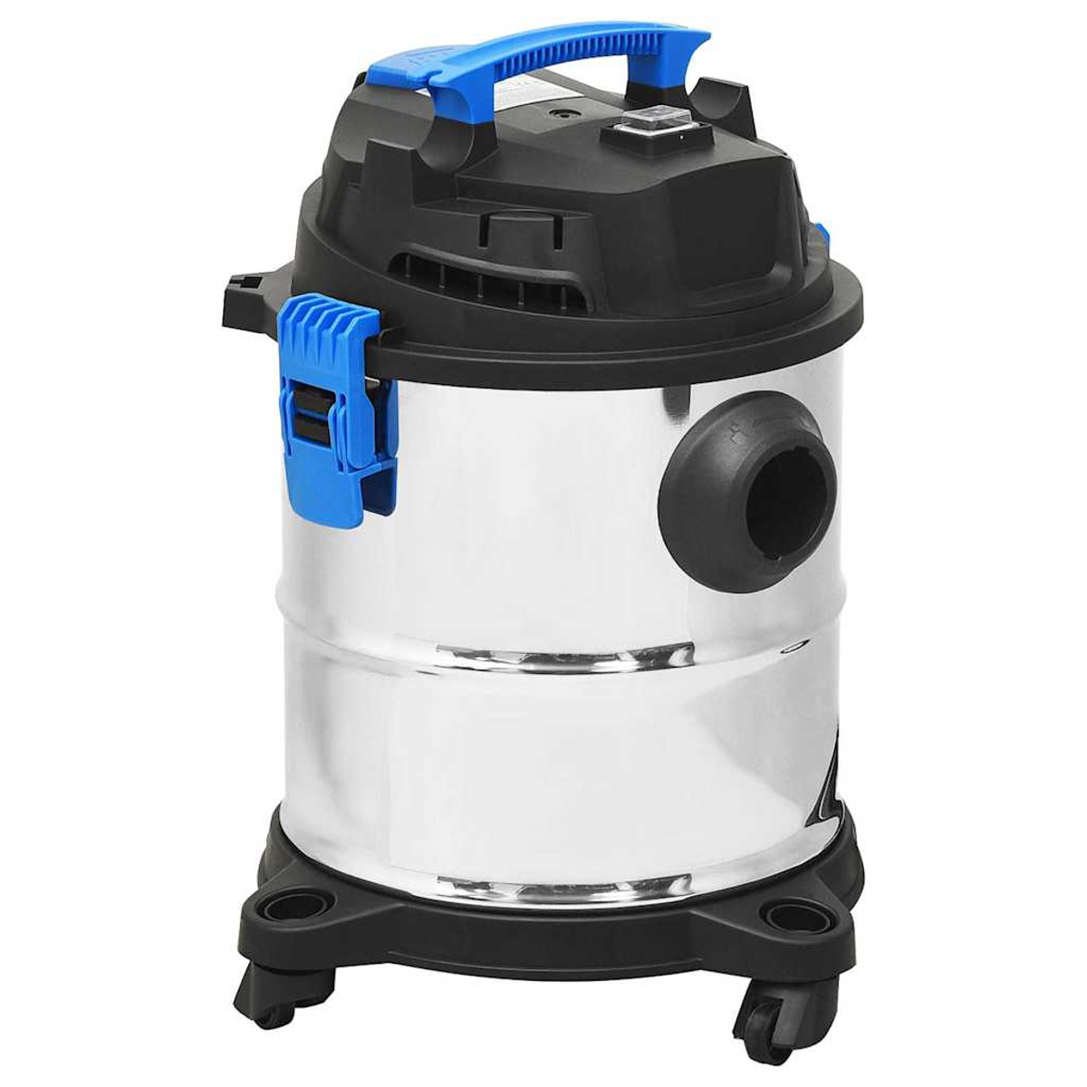Aspirapolvere industriale in acciaio inossidabile con plastica nera e blu su ruote.