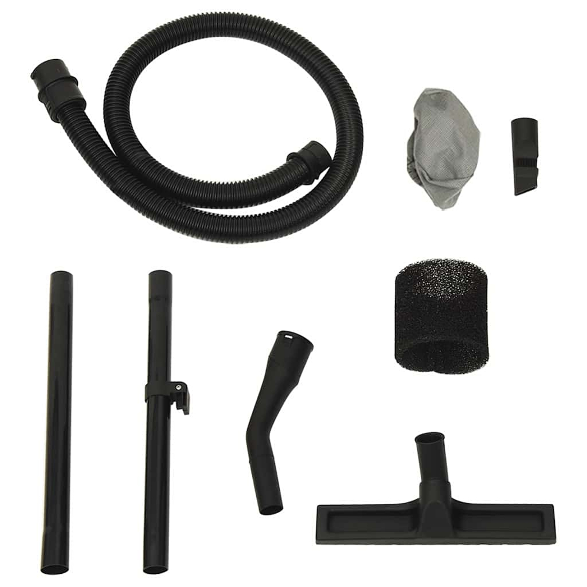 Accessori per aspirapolvere tra cui un tubo nero, tubi di prolunga, filtri e vari ugelli su sfondo bianco.