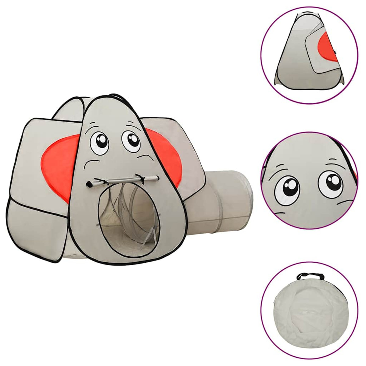 Tenda gioco grigia a forma di elefante con tunnel, orecchie e borsa.