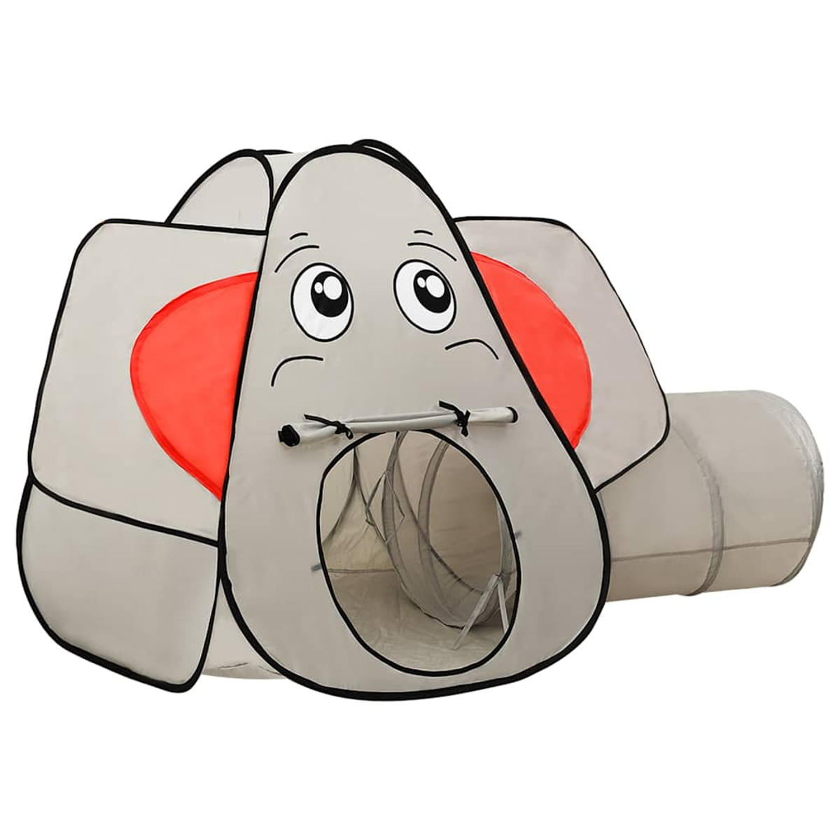 Una tenda gioco a forma di elefante grigio con orecchie rosse e un tunnel.