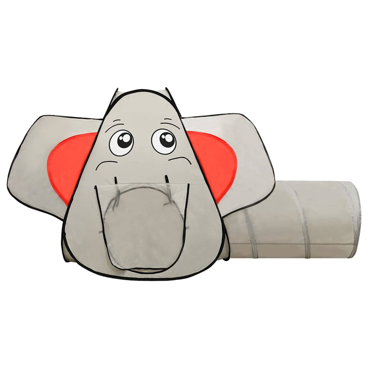 Una tenda gioco per bambini grigia a forma di elefante con grandi orecchie, dettagli rossi e un tunnel.