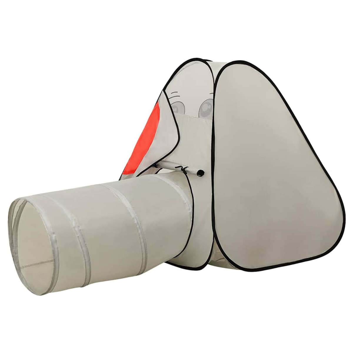 Una tenda da gioco grigia per bambini con tunnel di crawling attaccato su sfondo bianco.