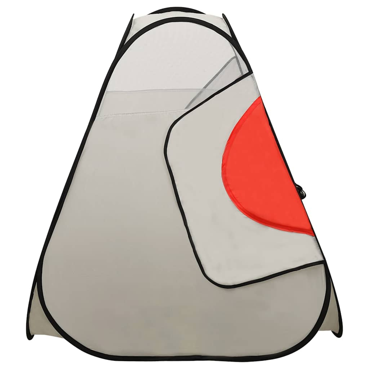 Tenda pop-up grigia e bianca con bordi neri e pannello rosso.