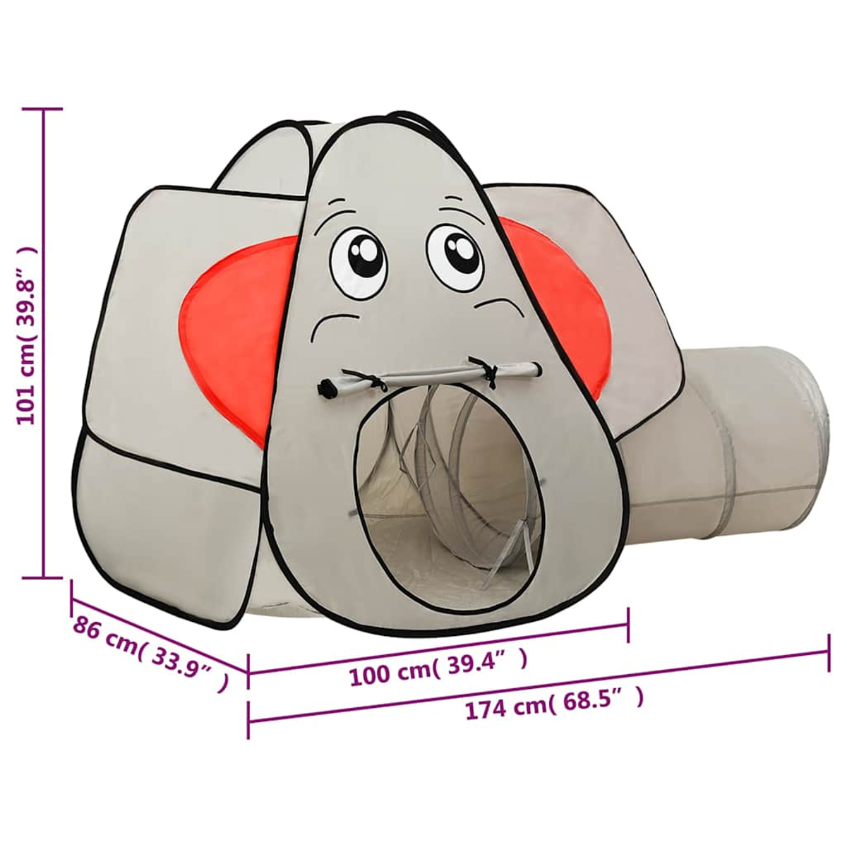 Tenda da gioco grigia a forma di elefante con tunnel e dimensioni.
