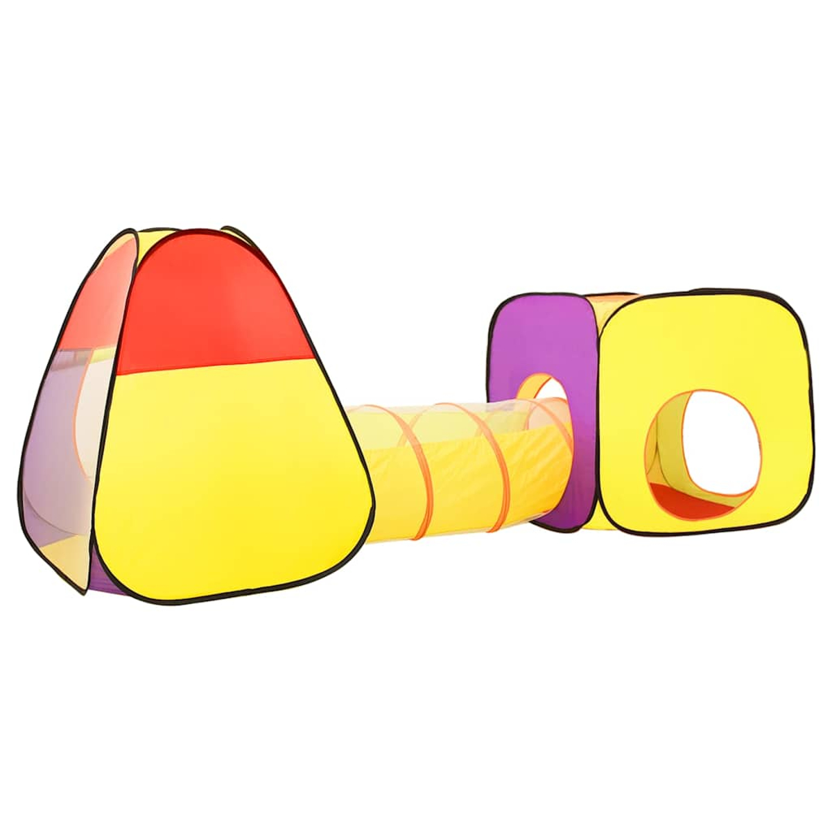 Un colorato set di tende da gioco per bambini con tenda triangolare, tunnel giallo e tenda a cubo.