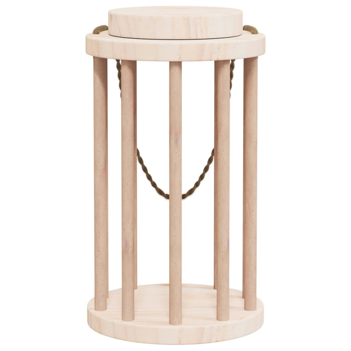 Lanterna cilindrica in legno con montanti verticali e una corda appesa.