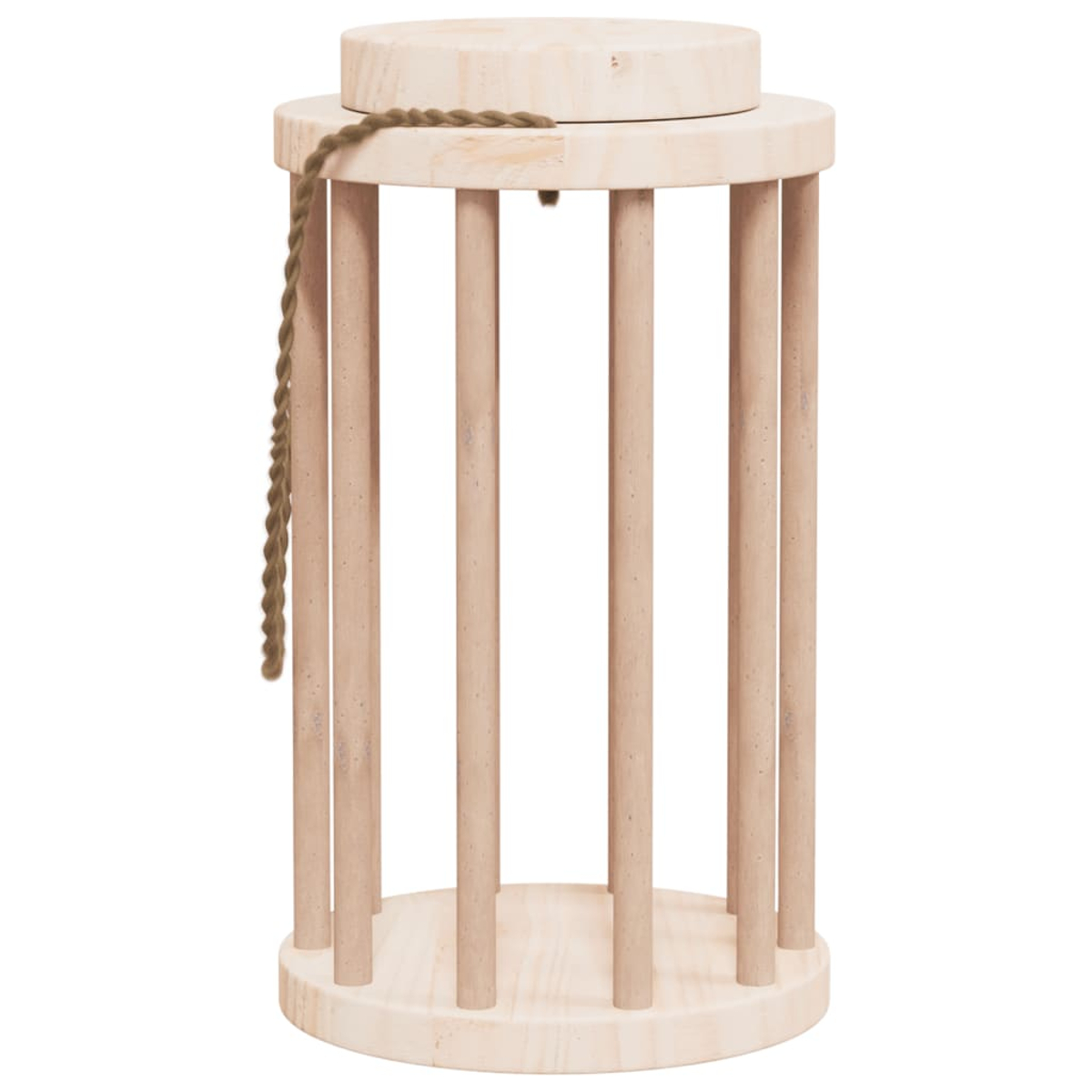 Lanterna cilindrica in legno con barre verticali e corda pendente su sfondo bianco.