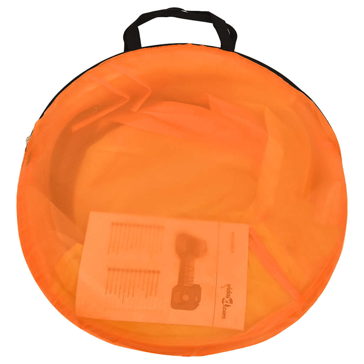 Una borsa rotonda arancione con manici neri e un manuale di istruzioni all'interno, su sfondo bianco.
