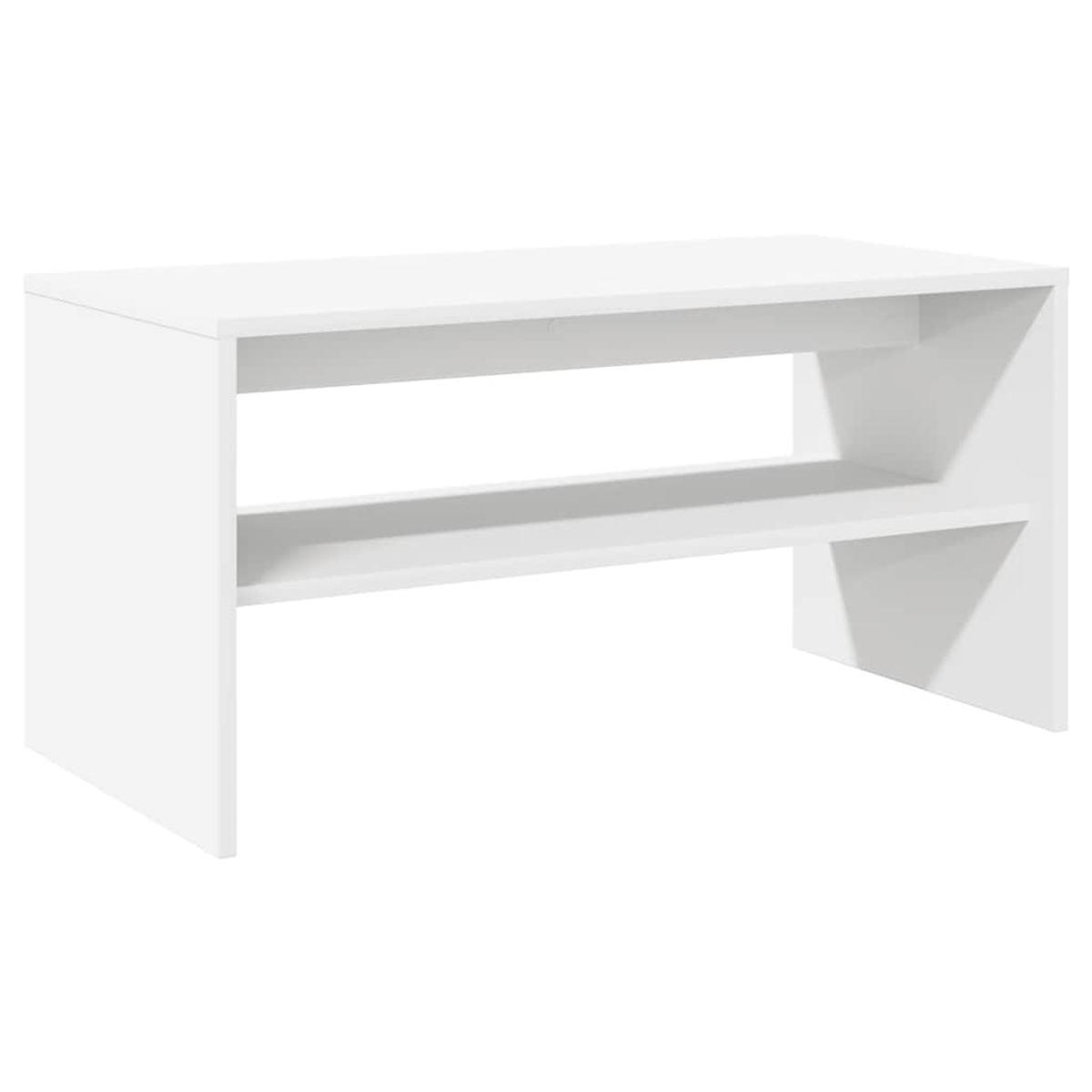 Una mesa de centro blanca y sencilla con un estante inferior sobre fondo liso.
