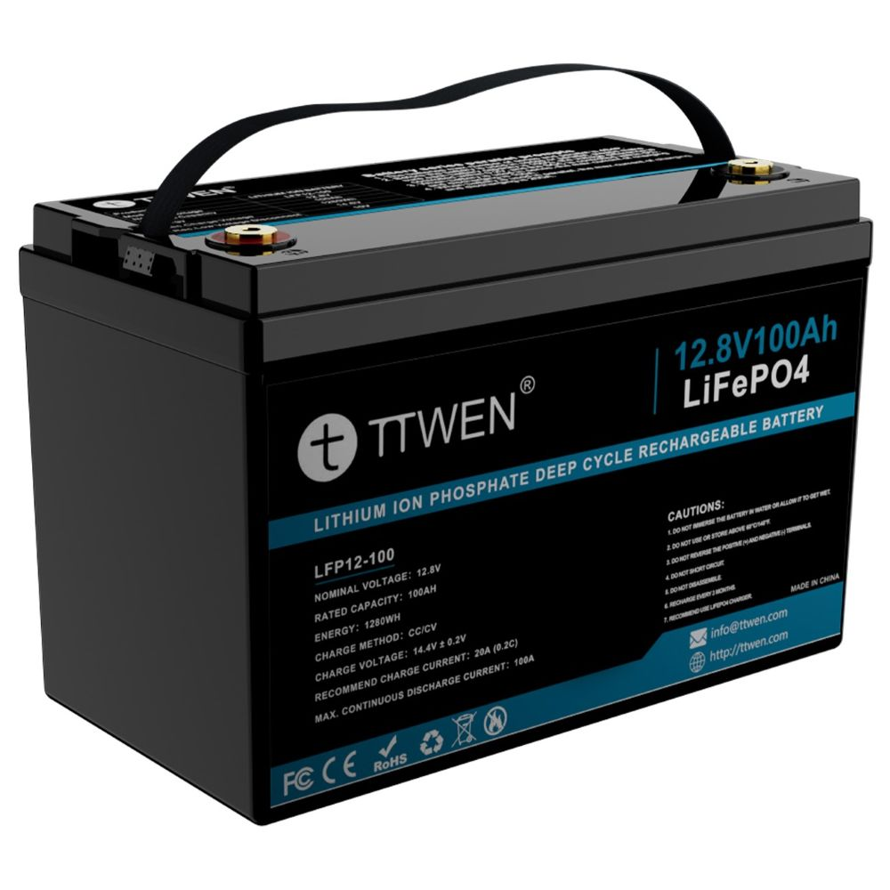 Batería de litio negra TTWEN 12.8V 100Ah LiFePO4 con asa de transporte y bornes dorados.
