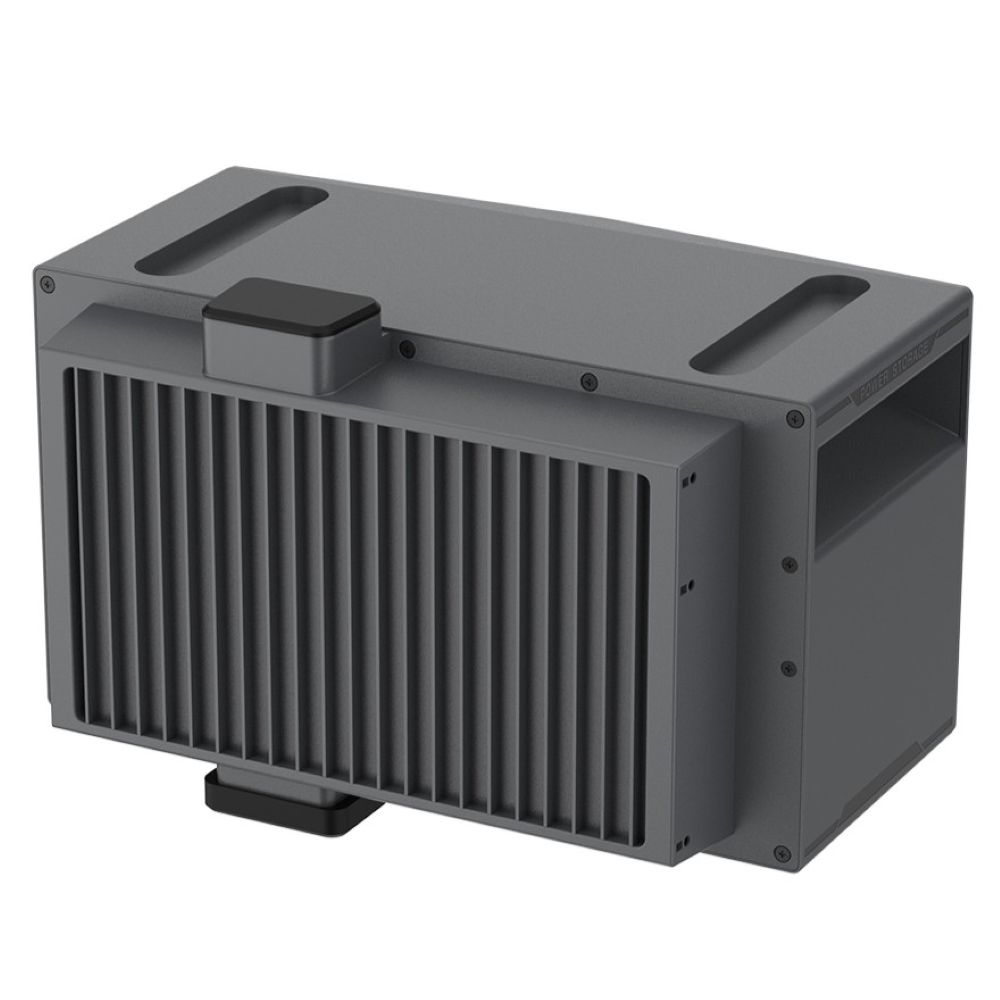 Una caja de almacenamiento de energía gris y rectangular con aletas verticales y asas superiores sobre fondo blanco.