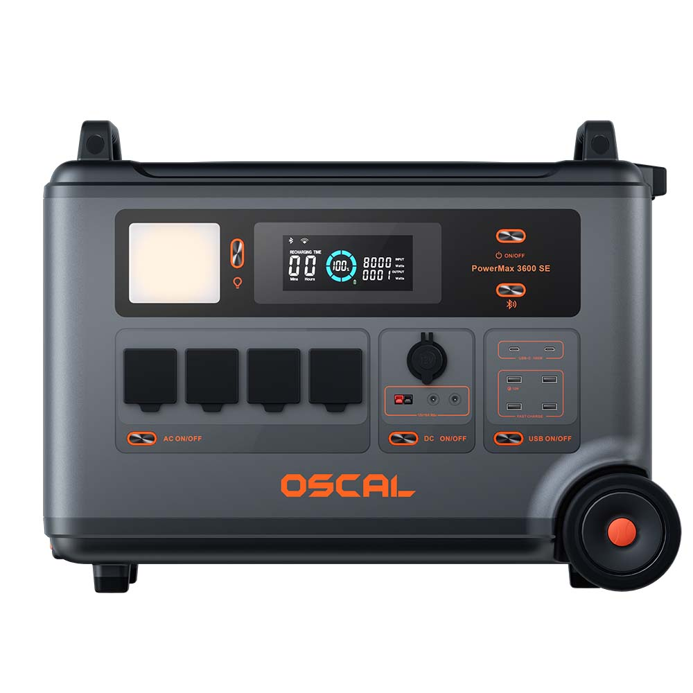 Estación de energía gris Oscal PowerMax 3600 SE con pantalla, enchufes AC, puertos USB, salidas DC y ruedas.