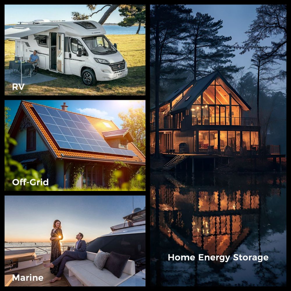 Un collage que muestra una autocaravana, paneles solares, una pareja en un barco y una cabaña iluminada.