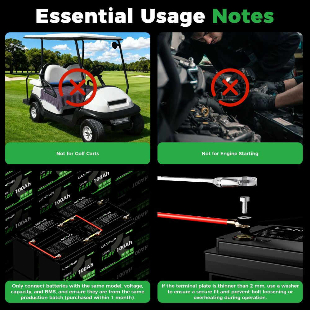 Notas de uso esenciales para baterías LiFePO4, que muestran carritos de golf, motores, configuración y arandelas.