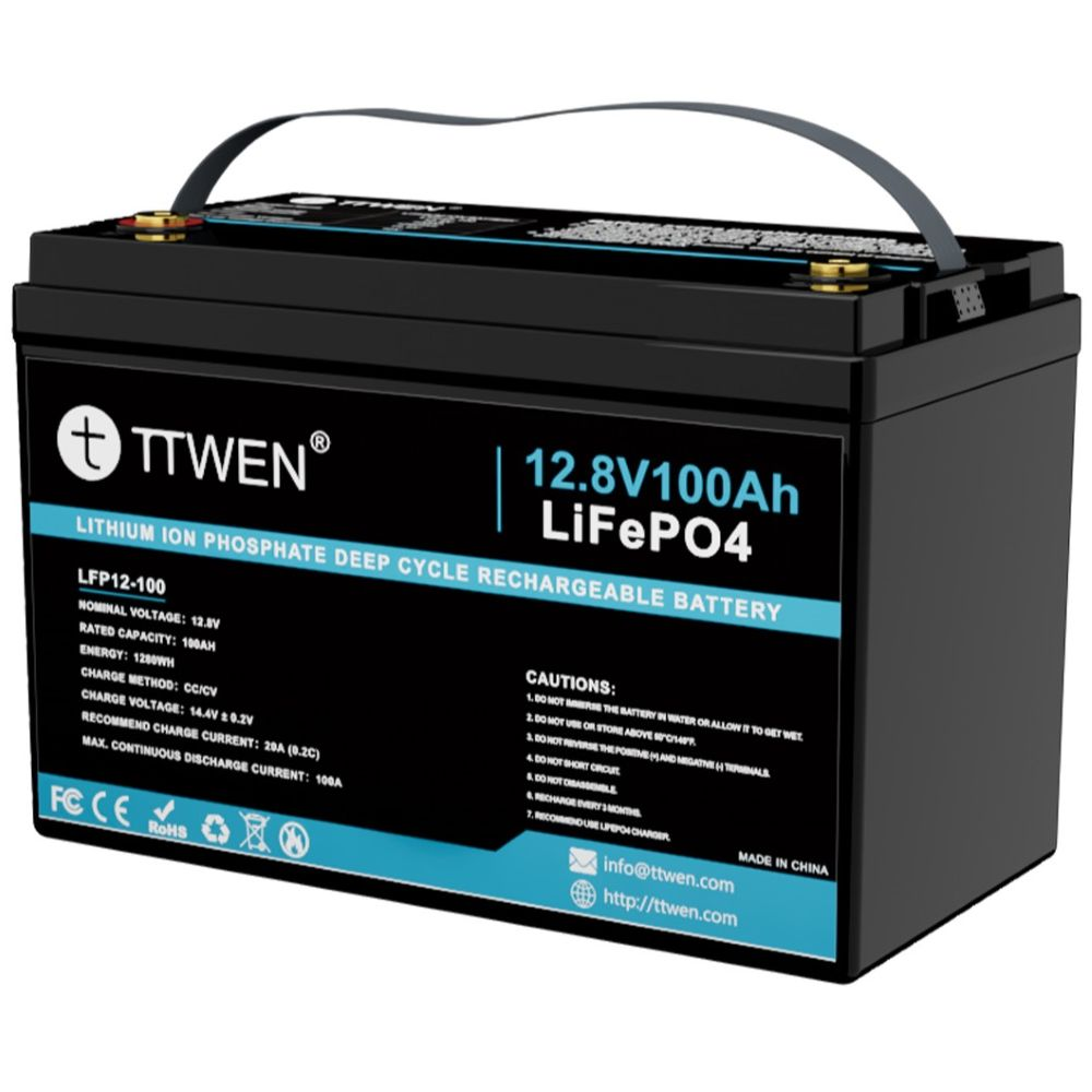 Batería de litio TTWEN de 12.8V y 100Ah LiFePO4 de color negro con asa.
