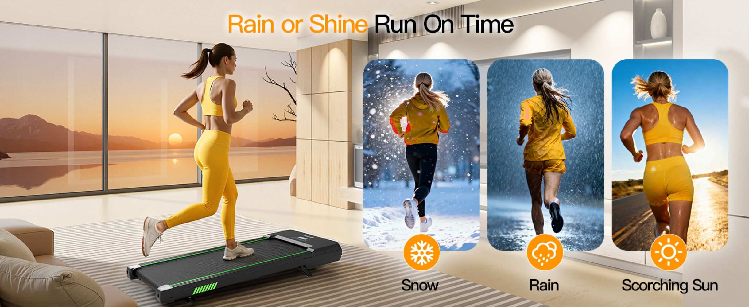 Una mujer corre en una caminadora en interiores con diferentes escenarios climáticos como nieve, lluvia y sol.