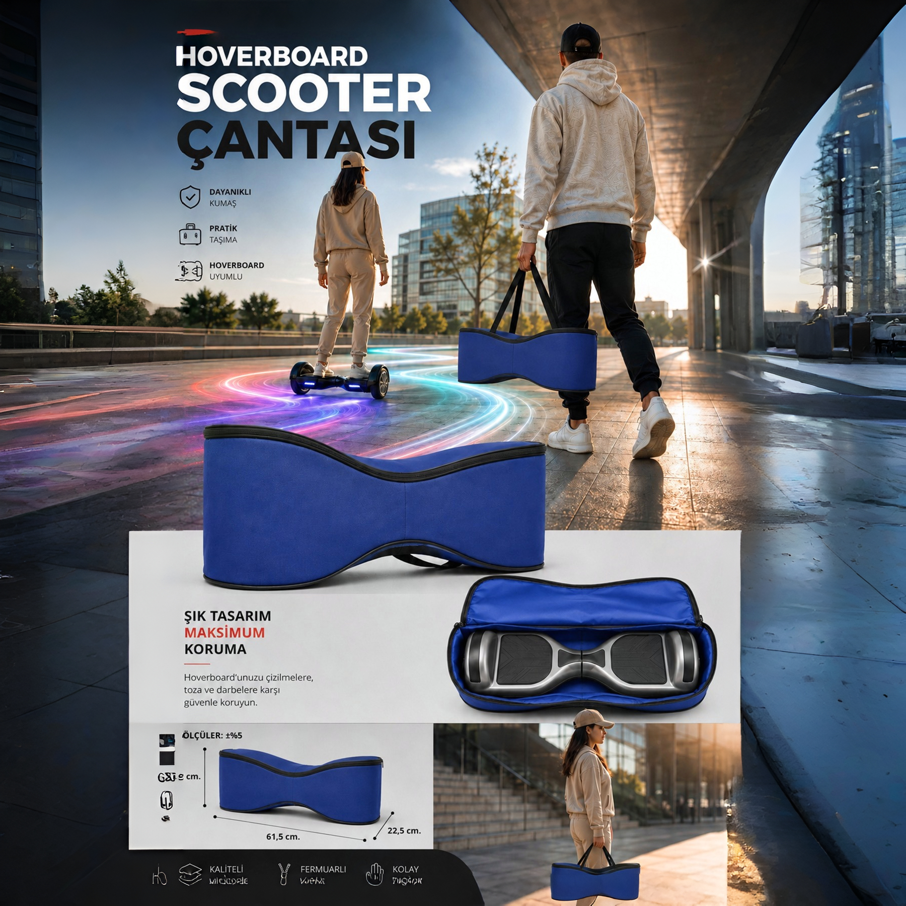Mavi renkli, çift kulplu fermuarlı hoverboard taşıma çantası.