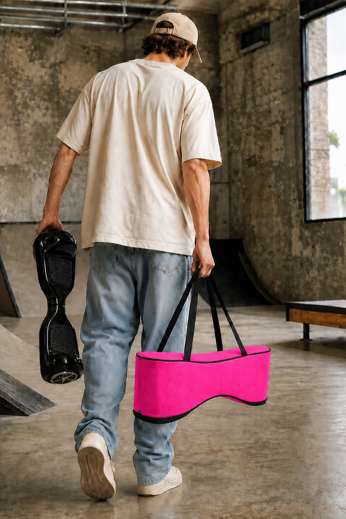 Bir kaykay parkındaki bir adam siyah hoverboard ve pembe çanta taşıyor.