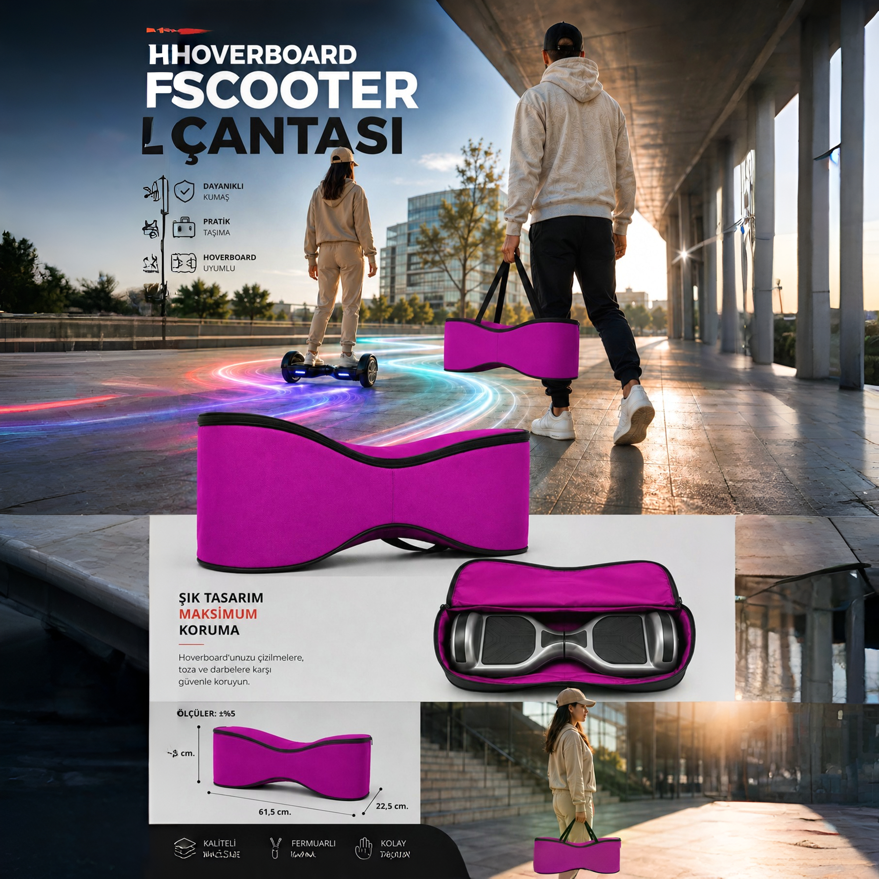Çeşitli sahnelerde hoverboard ve metin içeren pembe bir hoverboard çantası gösterilmektedir.