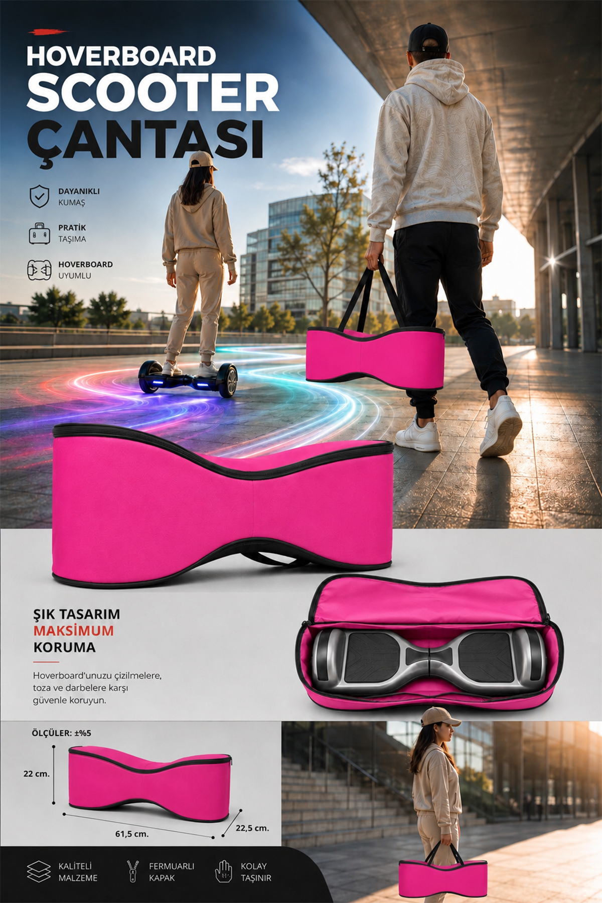 Hoverboard taşıma çantası reklam görseli, pembe çanta detayları, ölçüleri ve metinleri ile.