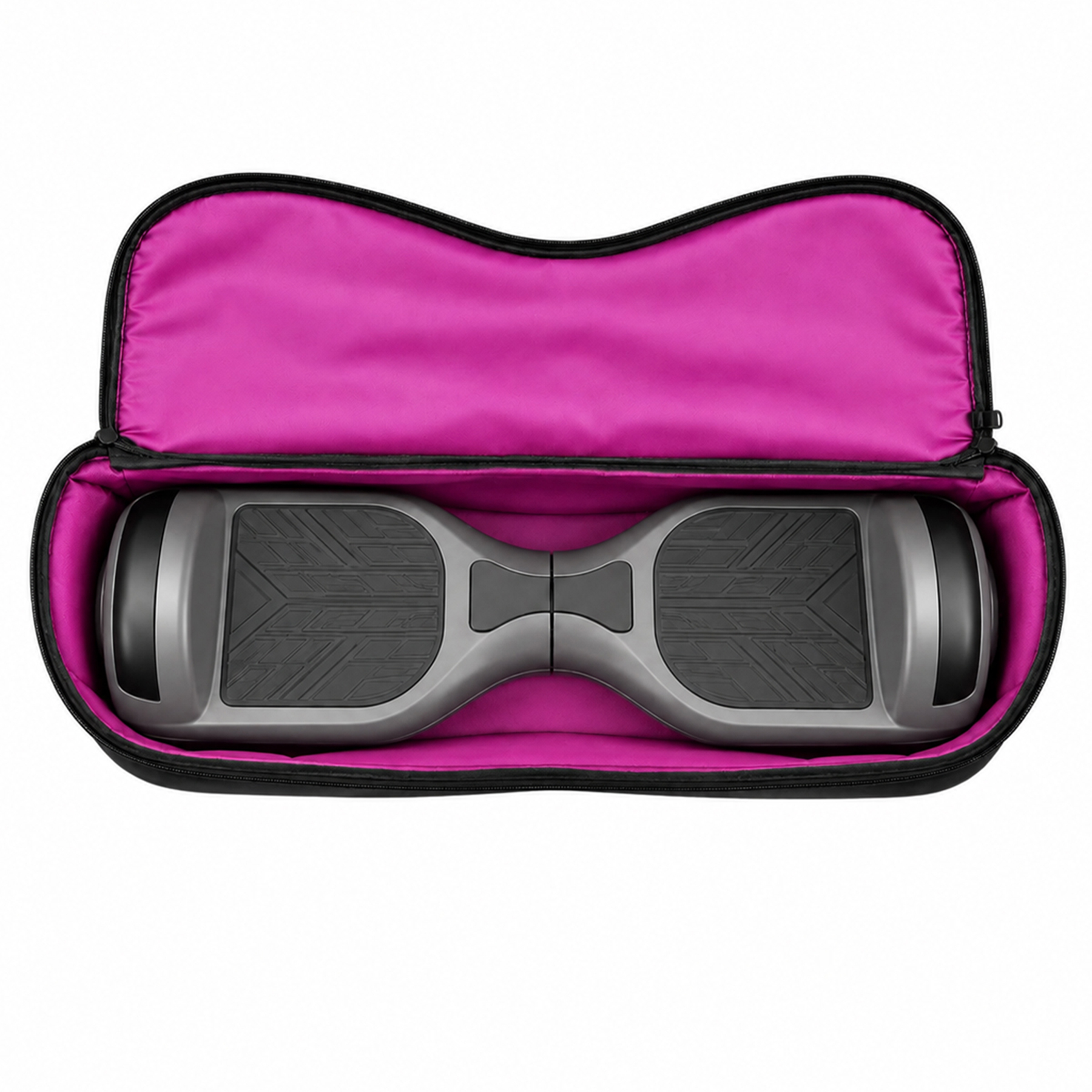 Gri bir hoverboard, parlak pembe iç astara sahip siyah bir taşıma çantasında duruyor.