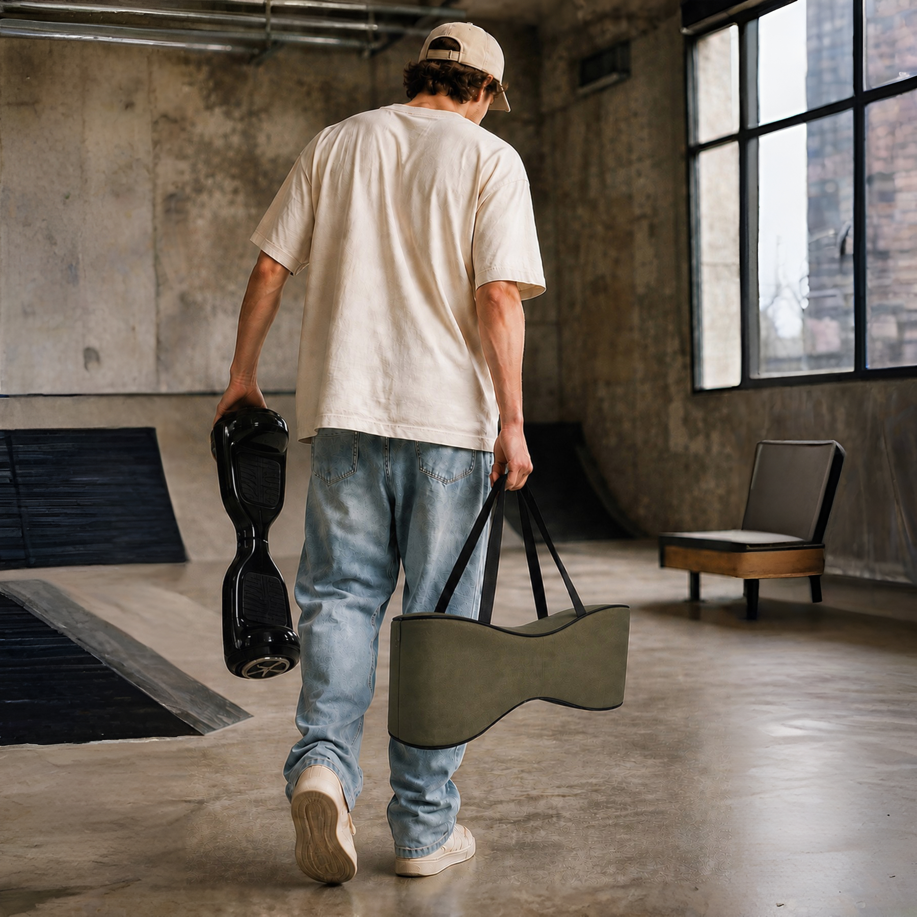 Bir kaykay parkındaki adam, bir hoverboard ve çanta tutuyor.