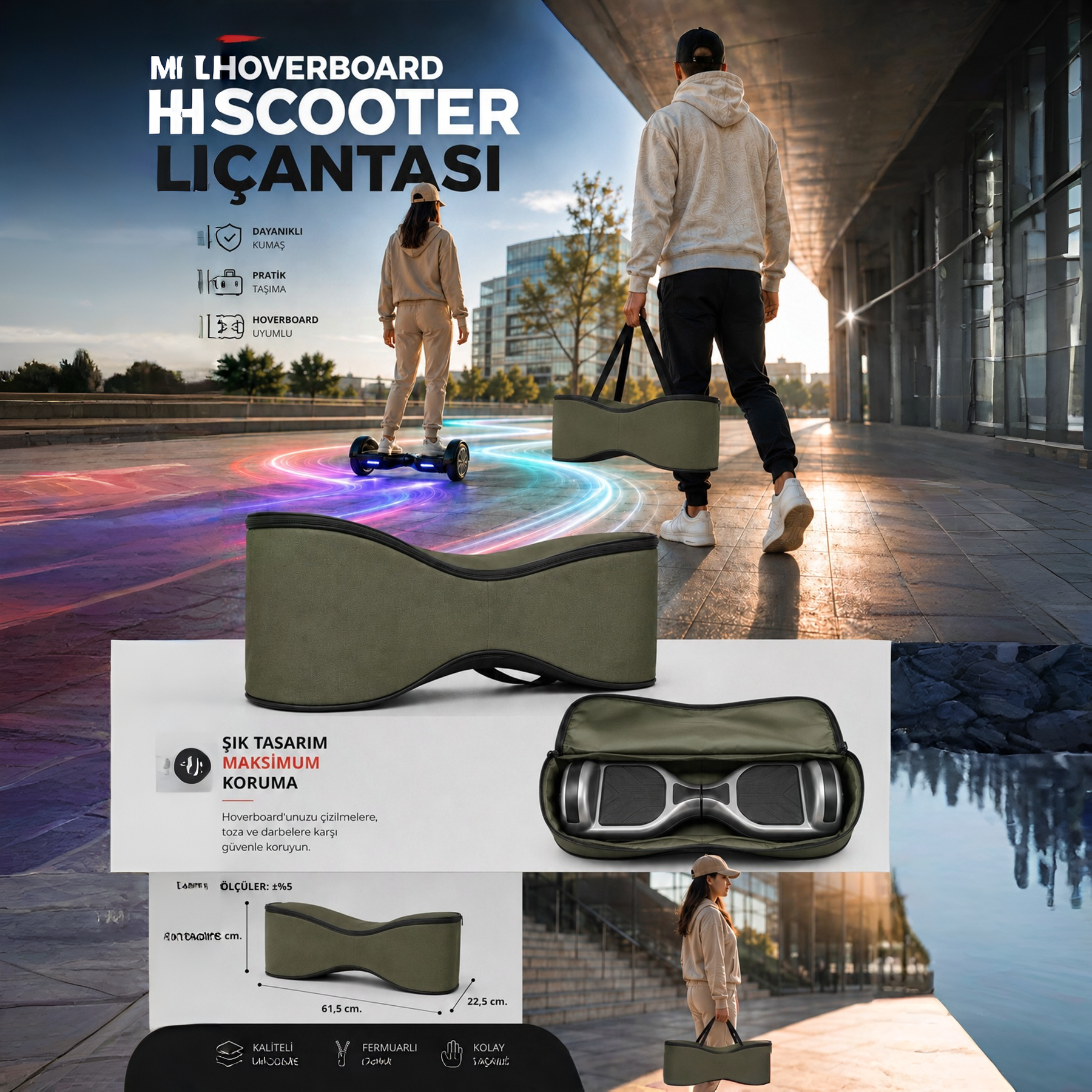 Ölçüleri ve özellikleriyle yeşil kavisli çantayı taşıyan ve süren kişileri gösteren bir hoverboard çantası reklamı.