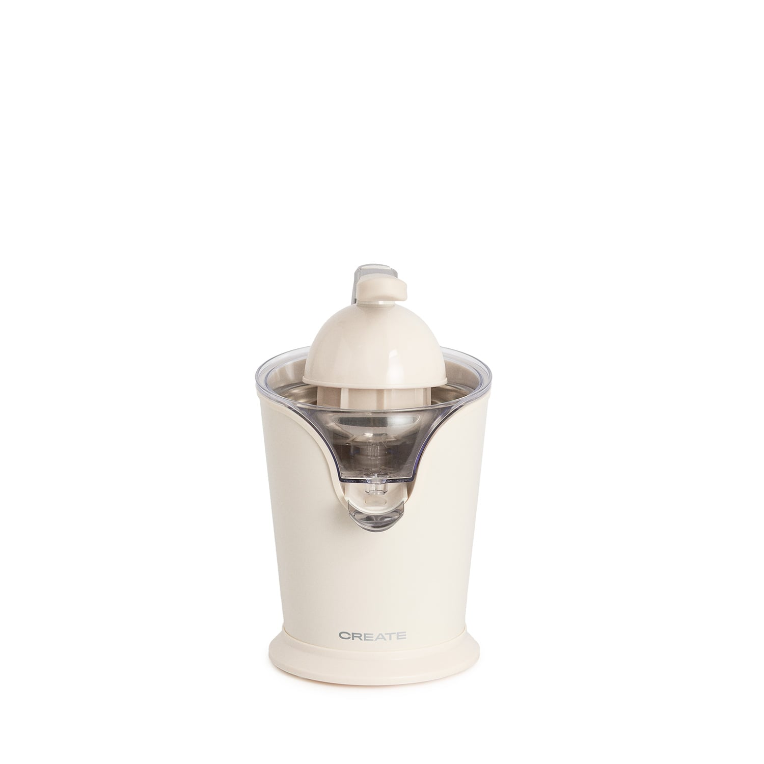 Exprimidor eléctrico de cítricos beige con pico transparente y asa de presión sobre fondo blanco.