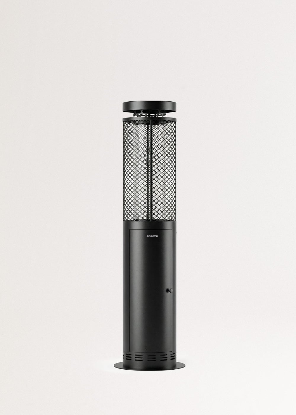 Un calefactor de patio negro y elegante se encuentra sobre un fondo blanco.