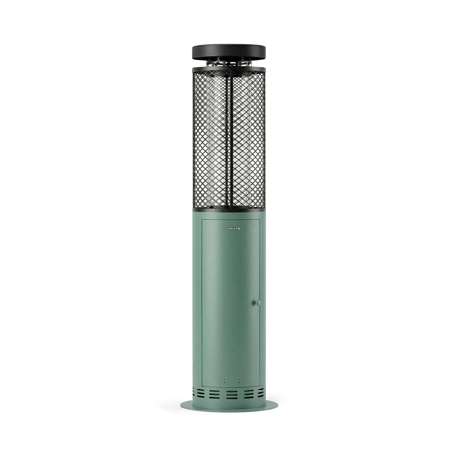 Un calefactor de patio cilíndrico verde con rejilla metálica negra y tapa superior sobre fondo blanco.