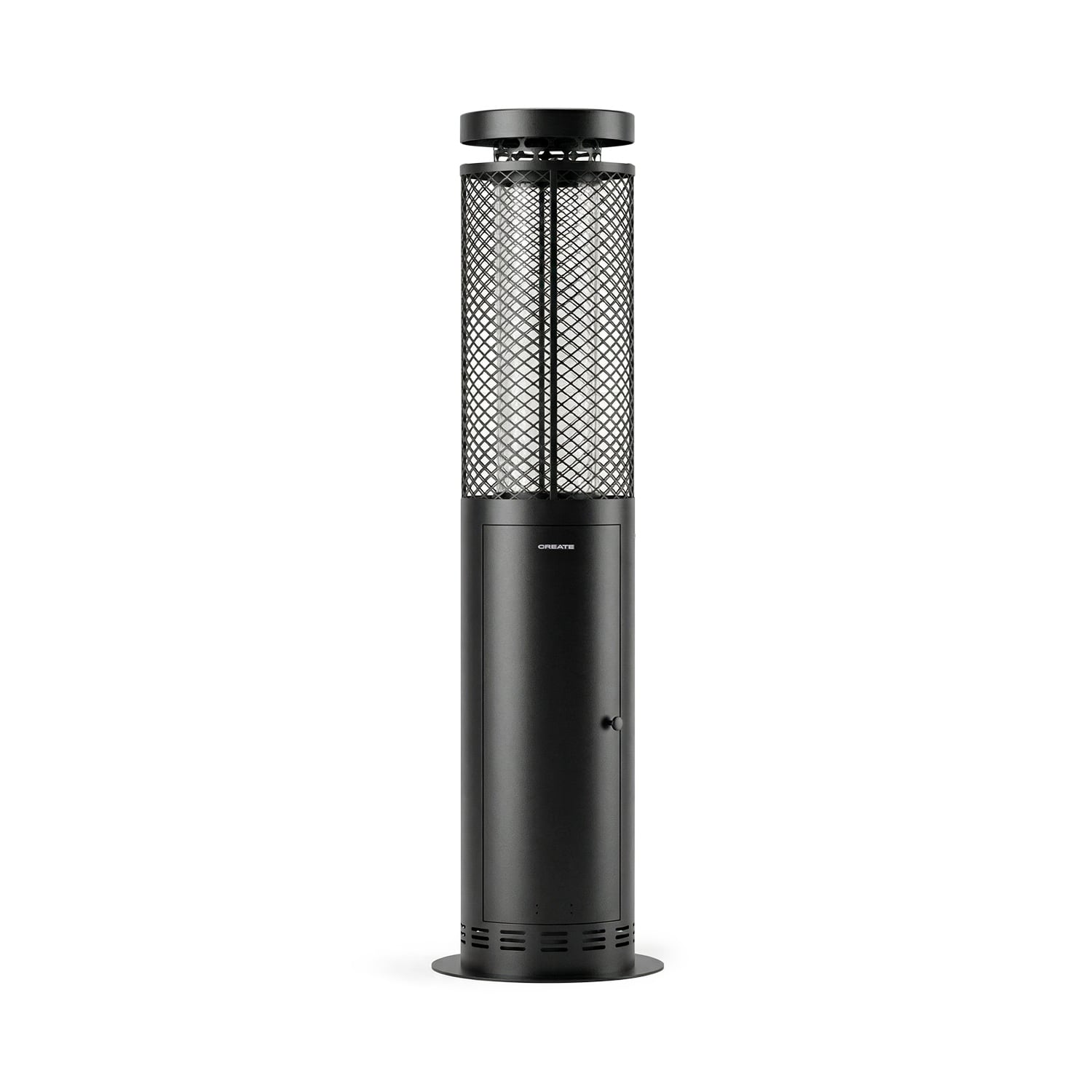 Un calefactor de patio negro alto con pantalla de malla cilíndrica y base redonda.