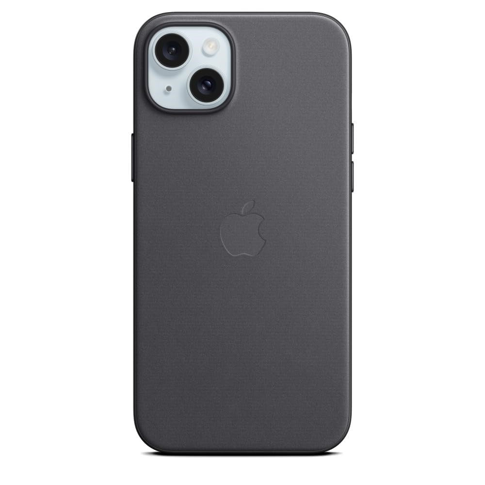 Une coque de smartphone gris foncé sur fond blanc, avec découpe pour double caméra et logo Apple.