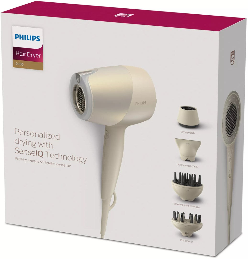 Philips 9000 Haartrockner Verpackung mit goldfarbenem Föhn und vier verschiedenen Aufsätzen.