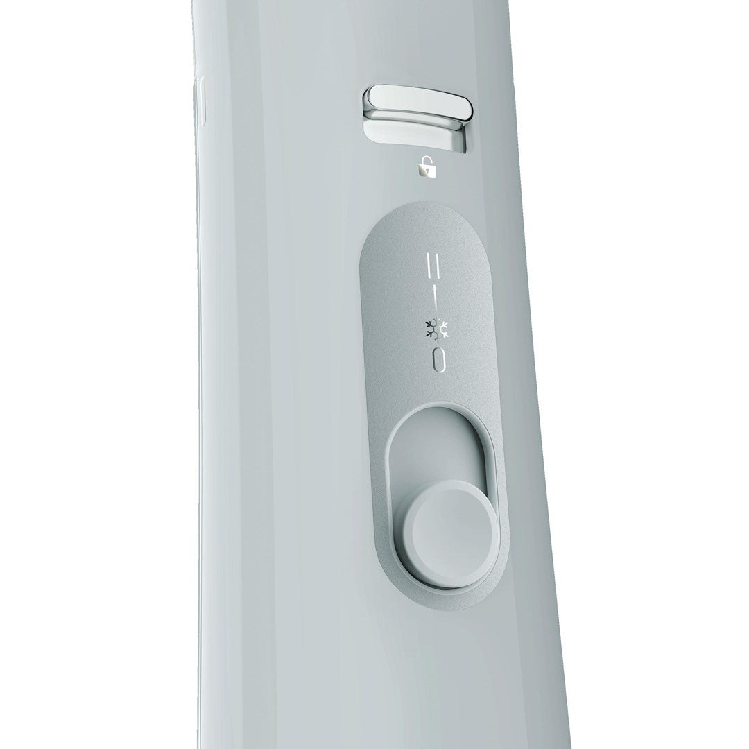 Dispositivo grigio con interruttore, icona lucchetto e fiocco di neve.