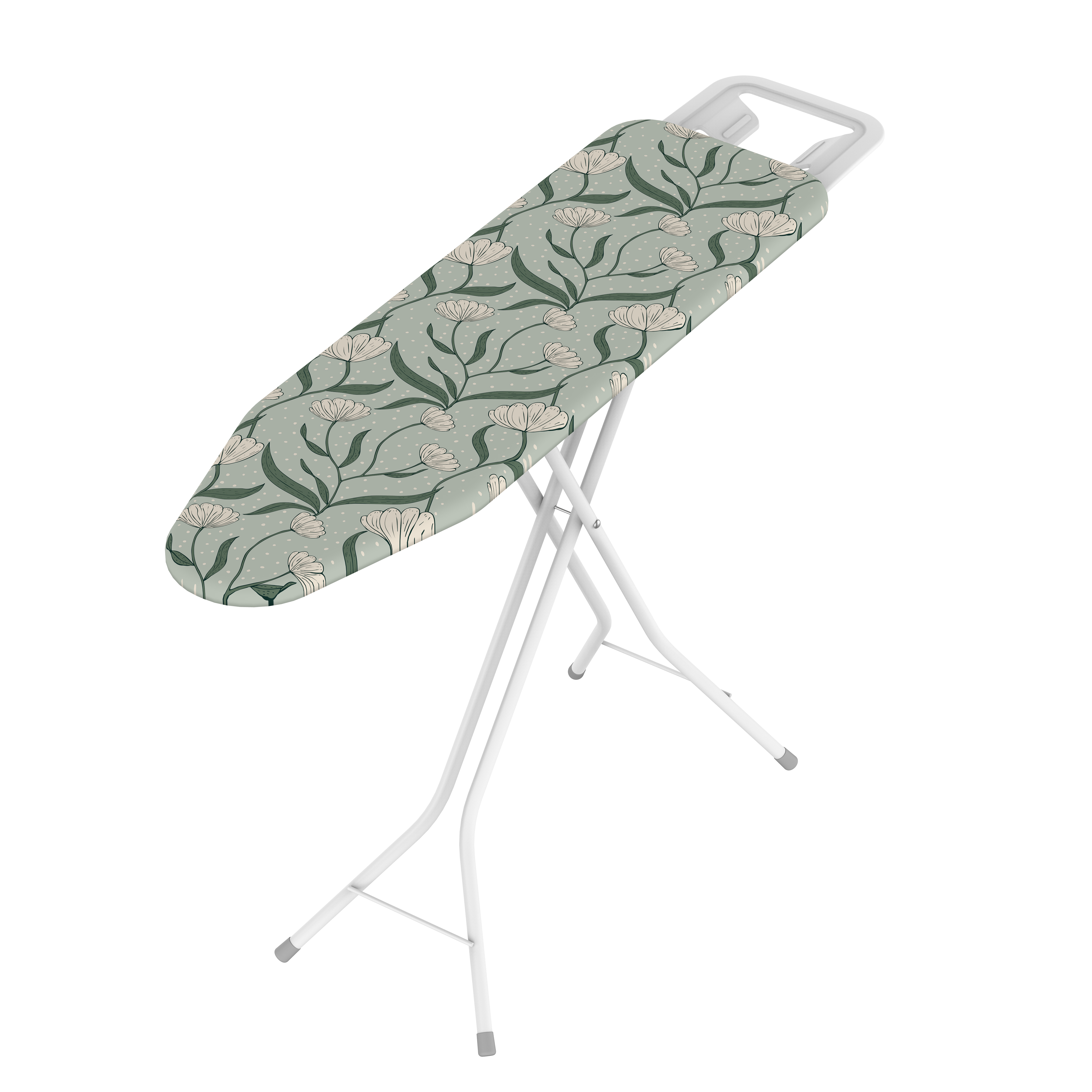 Una tabla de planchar de pie con funda de flores verde y blanca y estructura metálica blanca sobre fondo blanco.