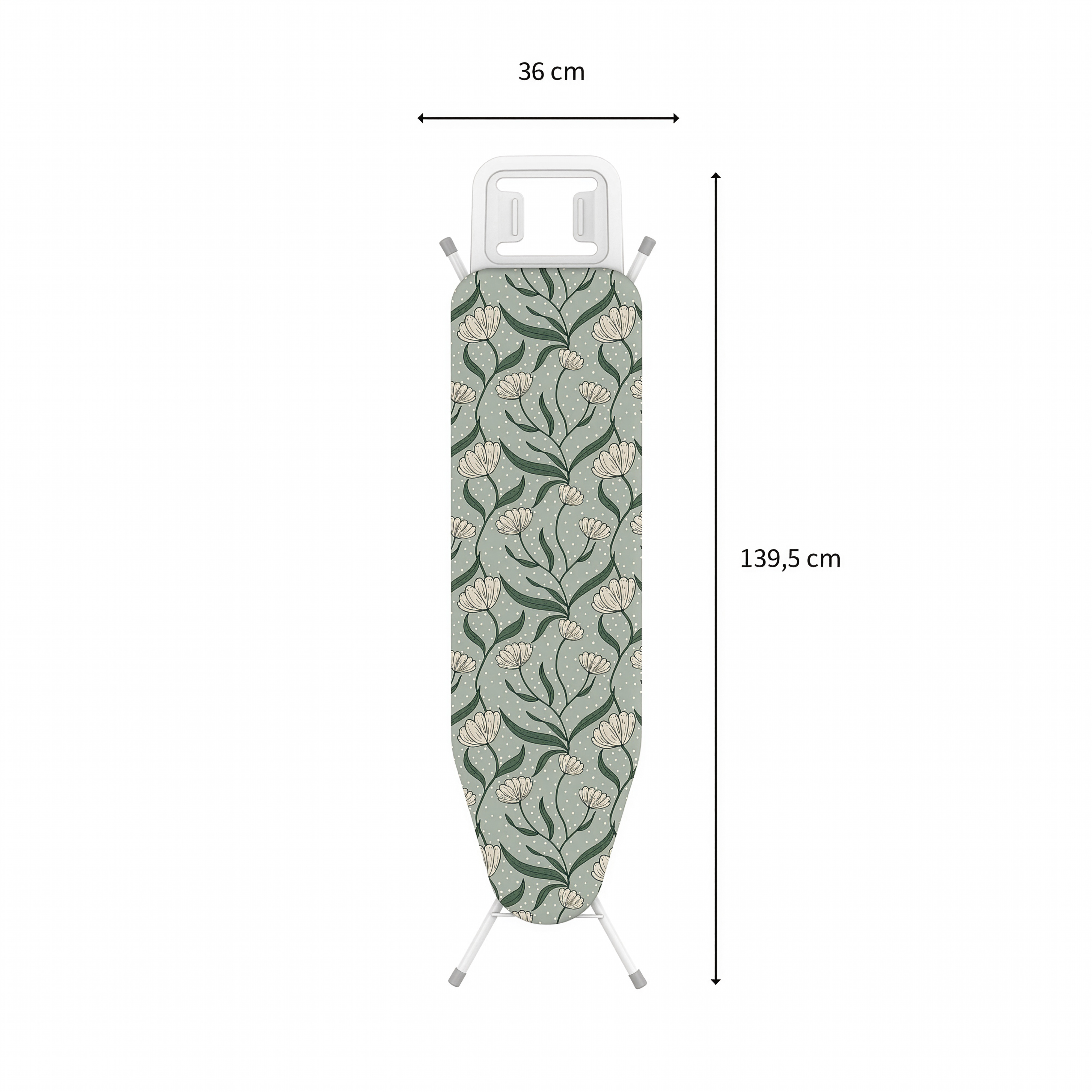 Vista superior de una tabla de planchar verde con flores, 36 cm de ancho y 139,5 cm de largo.