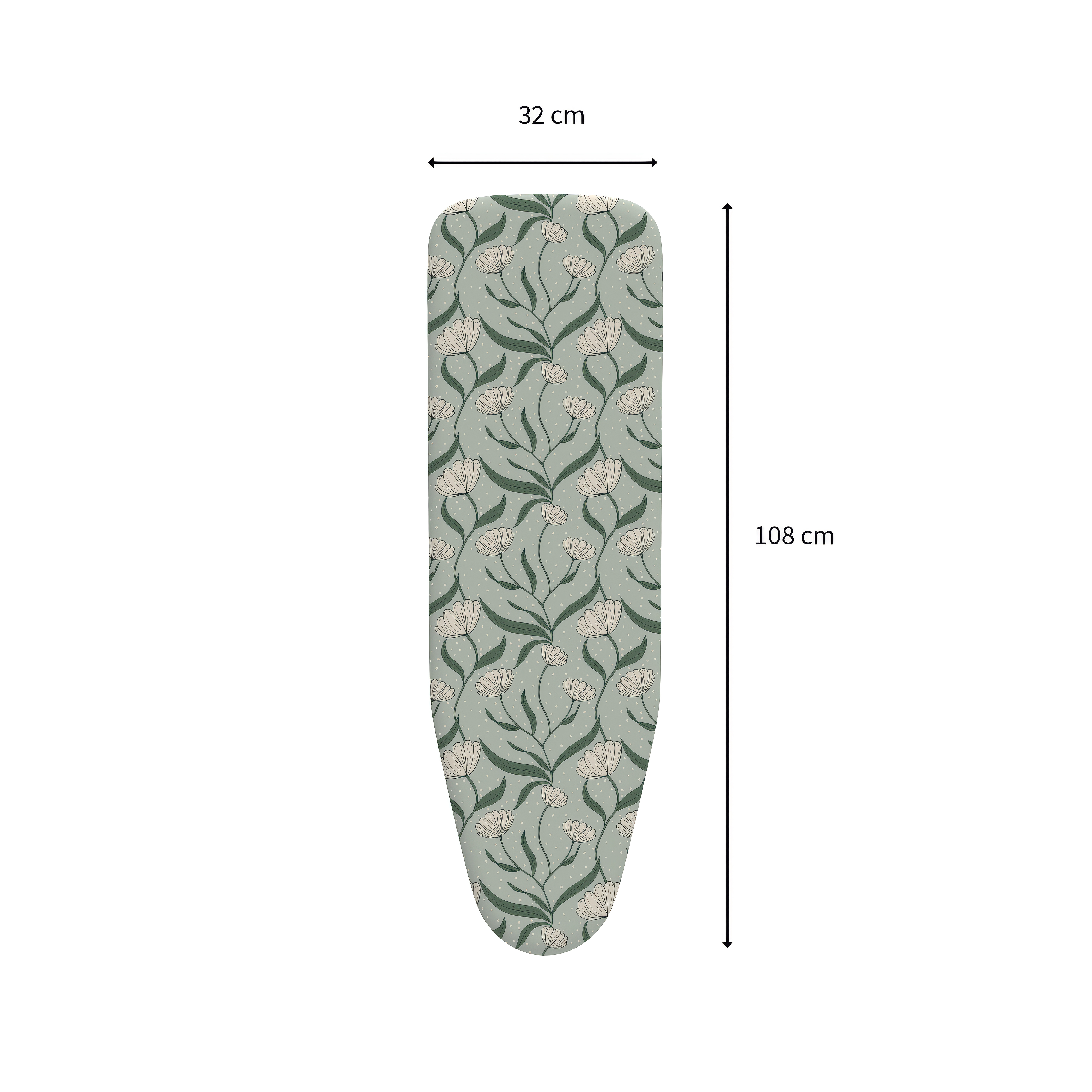 Funda para tabla de planchar verde salvia con patrón floral, de 108 cm por 32 cm.
