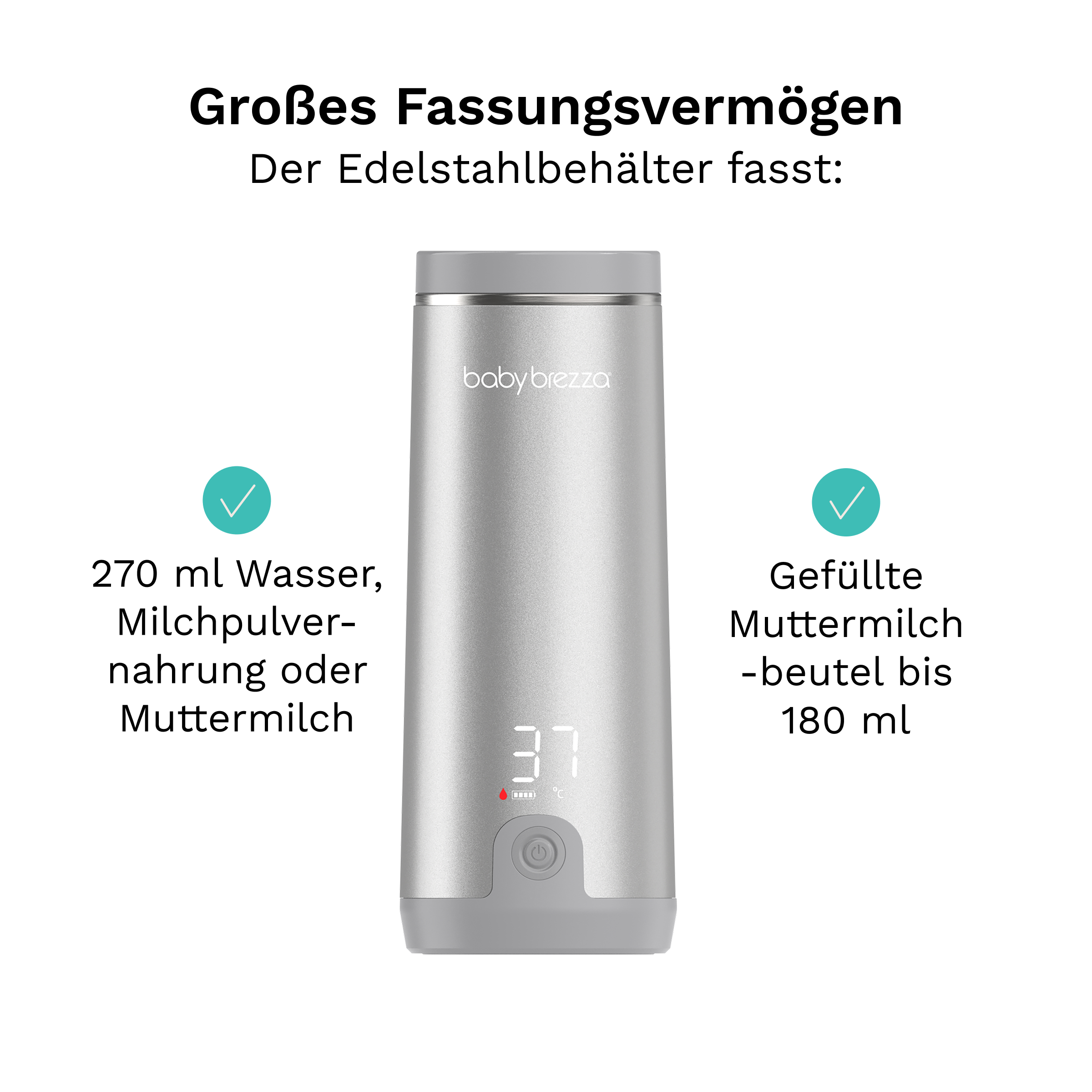Ein silberner Baby Brezza Flaschenwärmer mit digitaler Temperaturanzeige von 37 Grad Celsius.